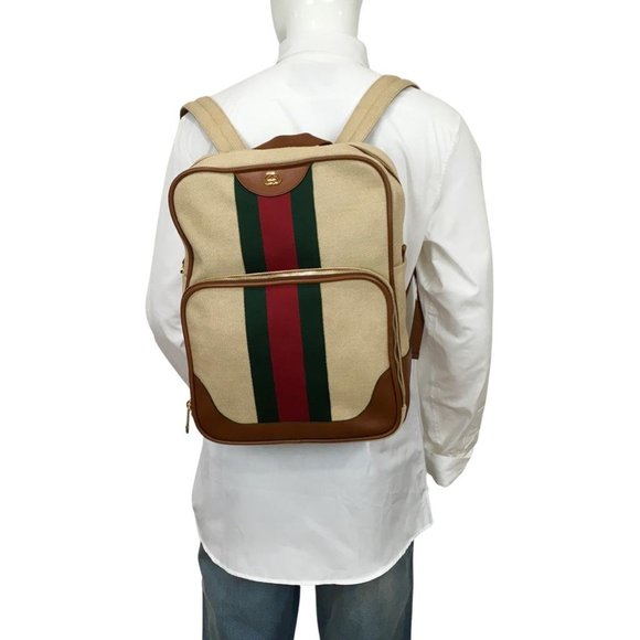 NWT Gucci Women\'s Backpack Stripes Green & Red Buckle GG Beige Multi Sz M